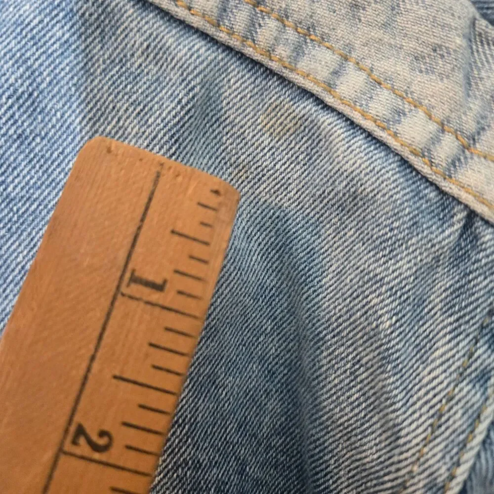 Free People We the Cropped Denim Jacket Womens Blue Frayed Cinch Back 100% M